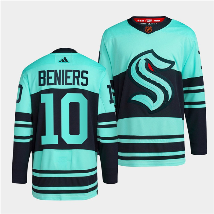 Men's Seattle Kraken #10 Matty Beniers Ice Blue 2022-23 Reverse Retro Stitched Jersey - Click Image to Close